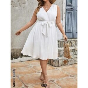 Ivory Shein Frenchy Plus Solid Belted Dress 1XL